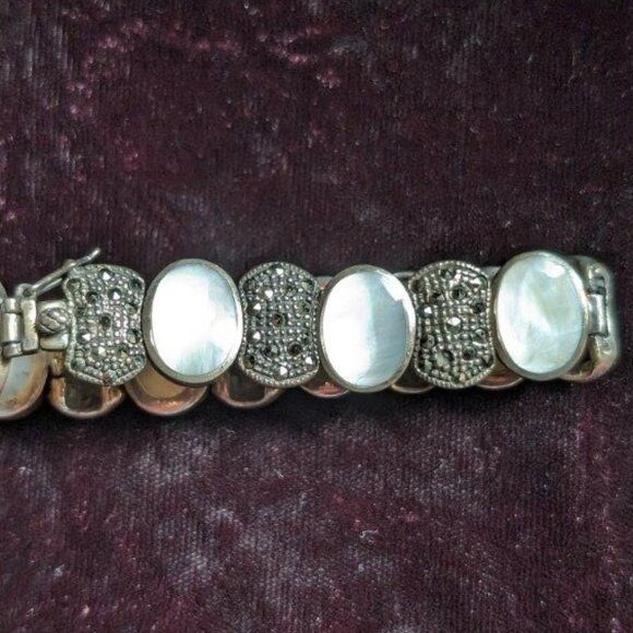Vintage Sterling Abalone and Marcasite Link Bracelet, Mexican, Smooth, Heavy - Picture 2 of 13